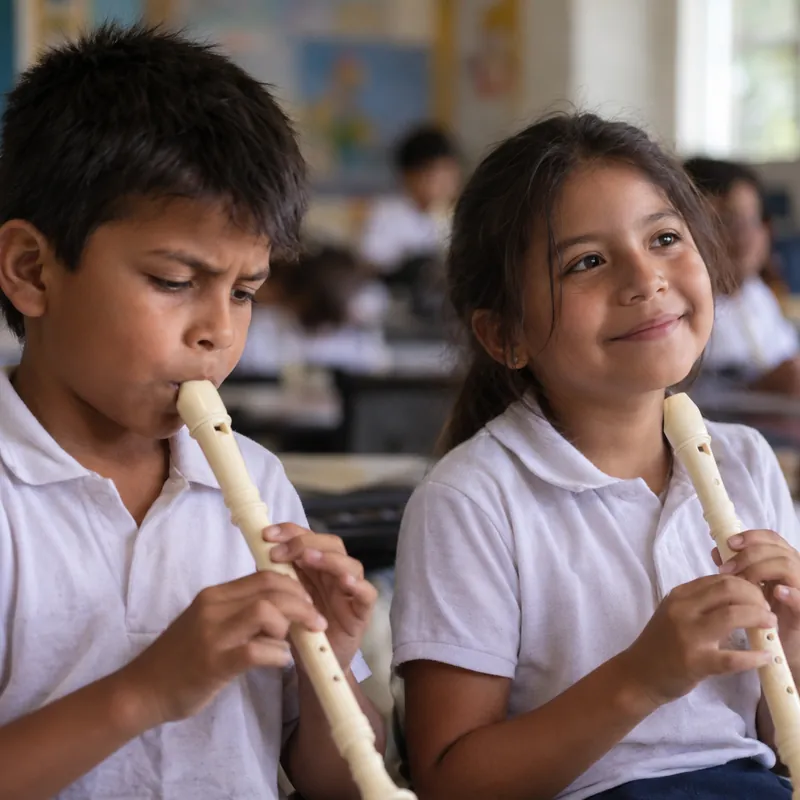 Dos alumnos tocando la flauta dulce; una de ellas sonríe
