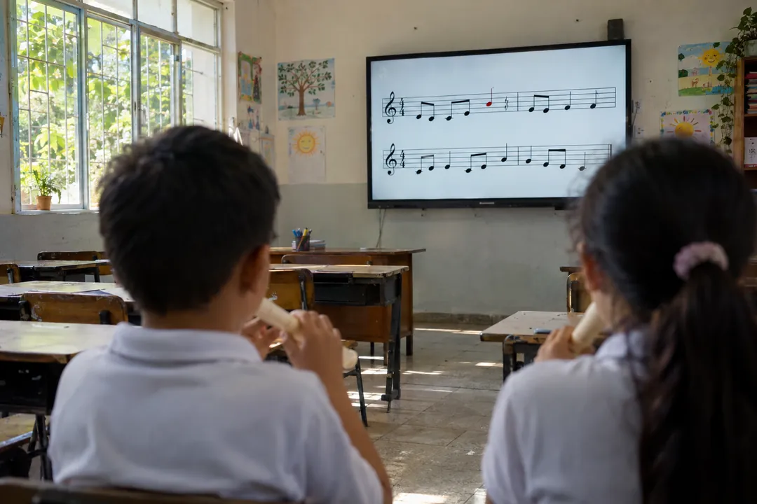 La partitura proyectada en el televisor del aula, con una nota en rojo